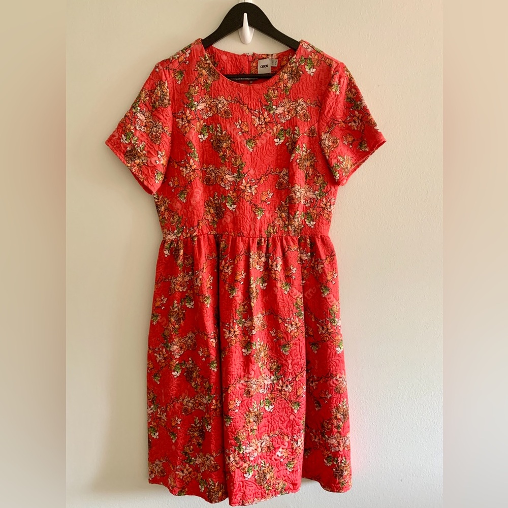 Coral floral fit and flare midi dress